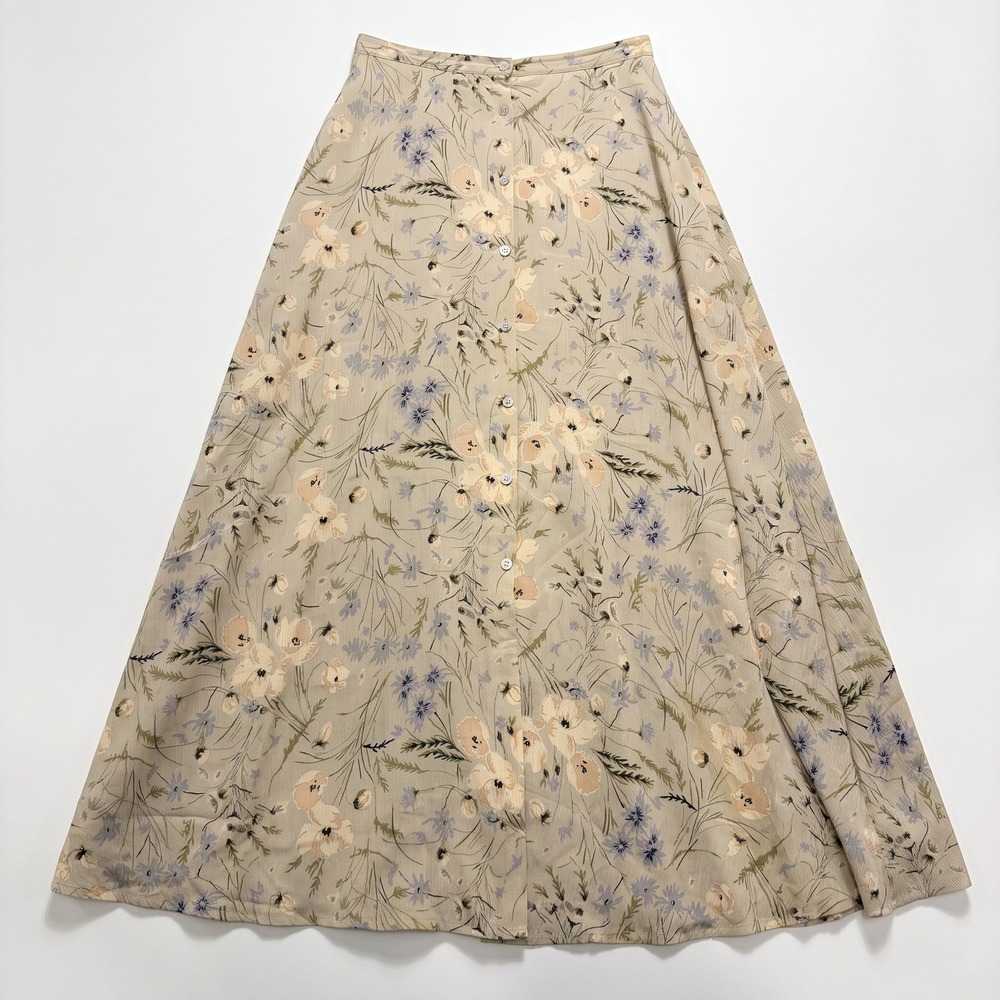 Ann Taylor 4 Womens Beige Lavender Floral Silk Button Front Midi Skirt Boho Cozy